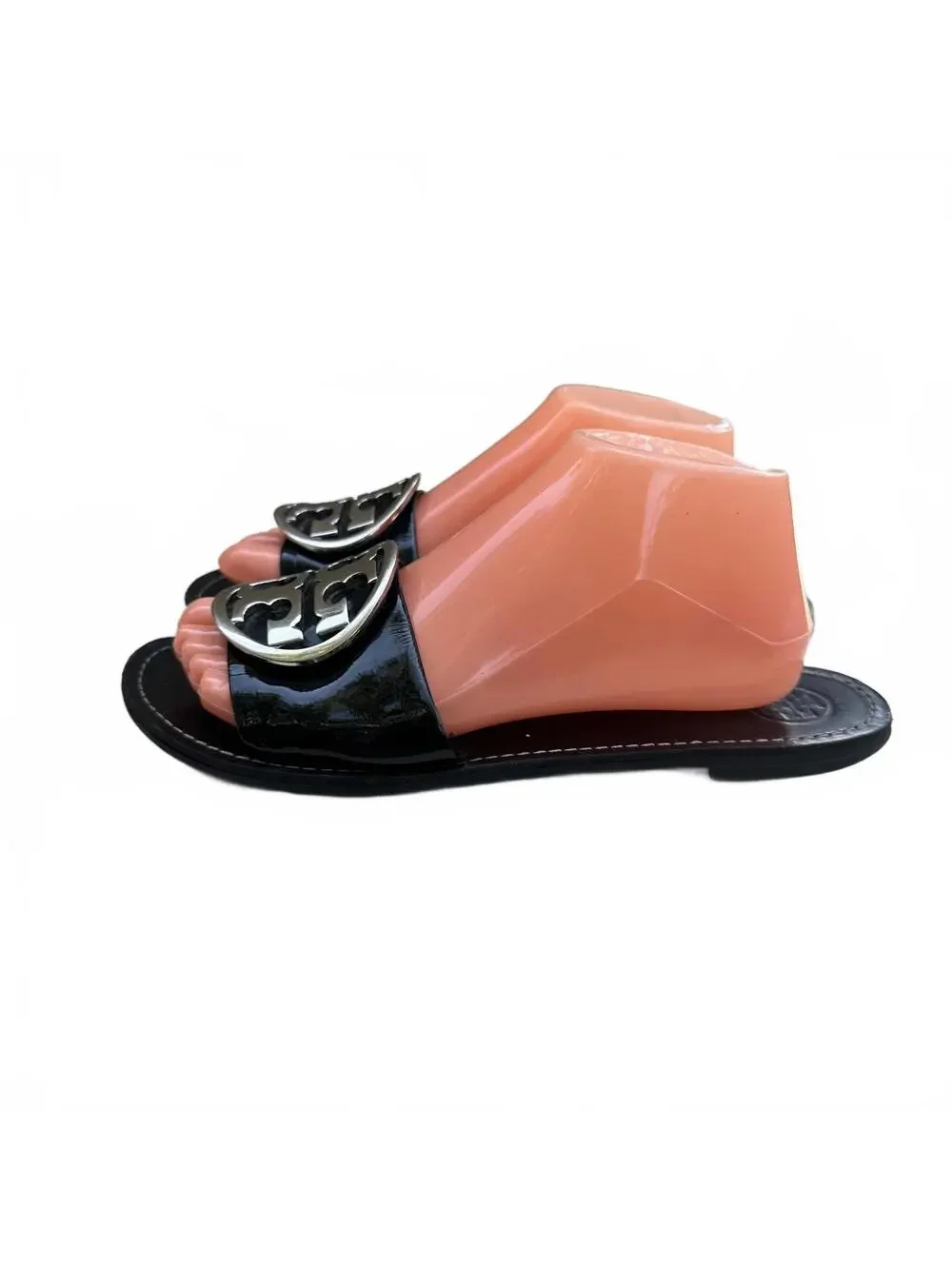 Tory Burch Grania Black Patent Leather Slide Sandals Silver Logo Size 10